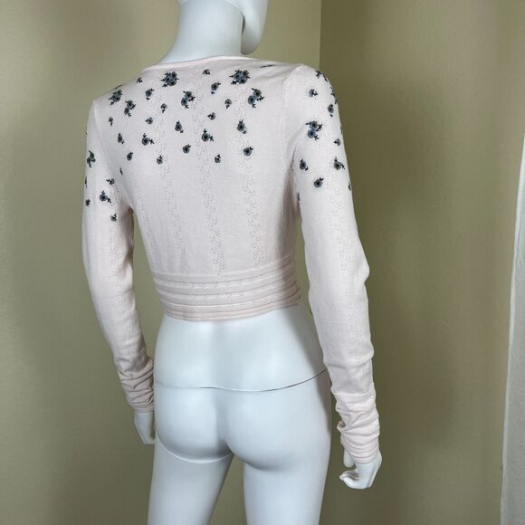 Free People Women Size M Pink Chilled Out V-Neck Crop Floral Embroidered Top - Picture 12 of 14